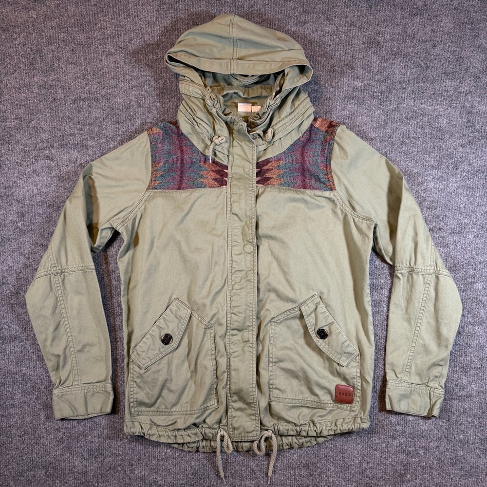 Roxy Womens L Green Military‎ Utility Jacket Hide-Away Hood Aztec Y2K